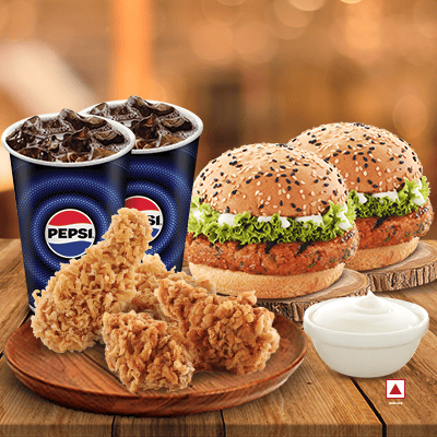 2 Burger+Fried Chk+Wings+1Dip+Pepsi