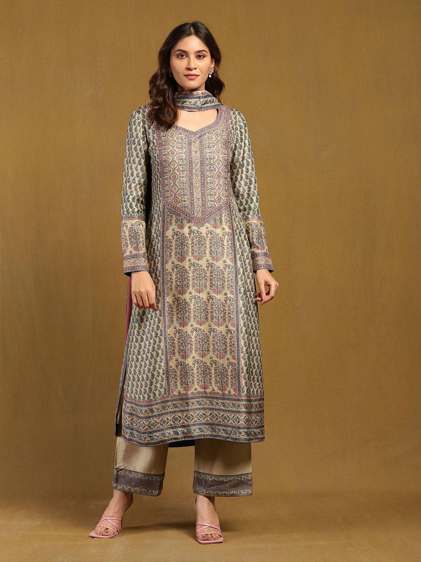 Beige & Tapestry Blue Keya Suit Set