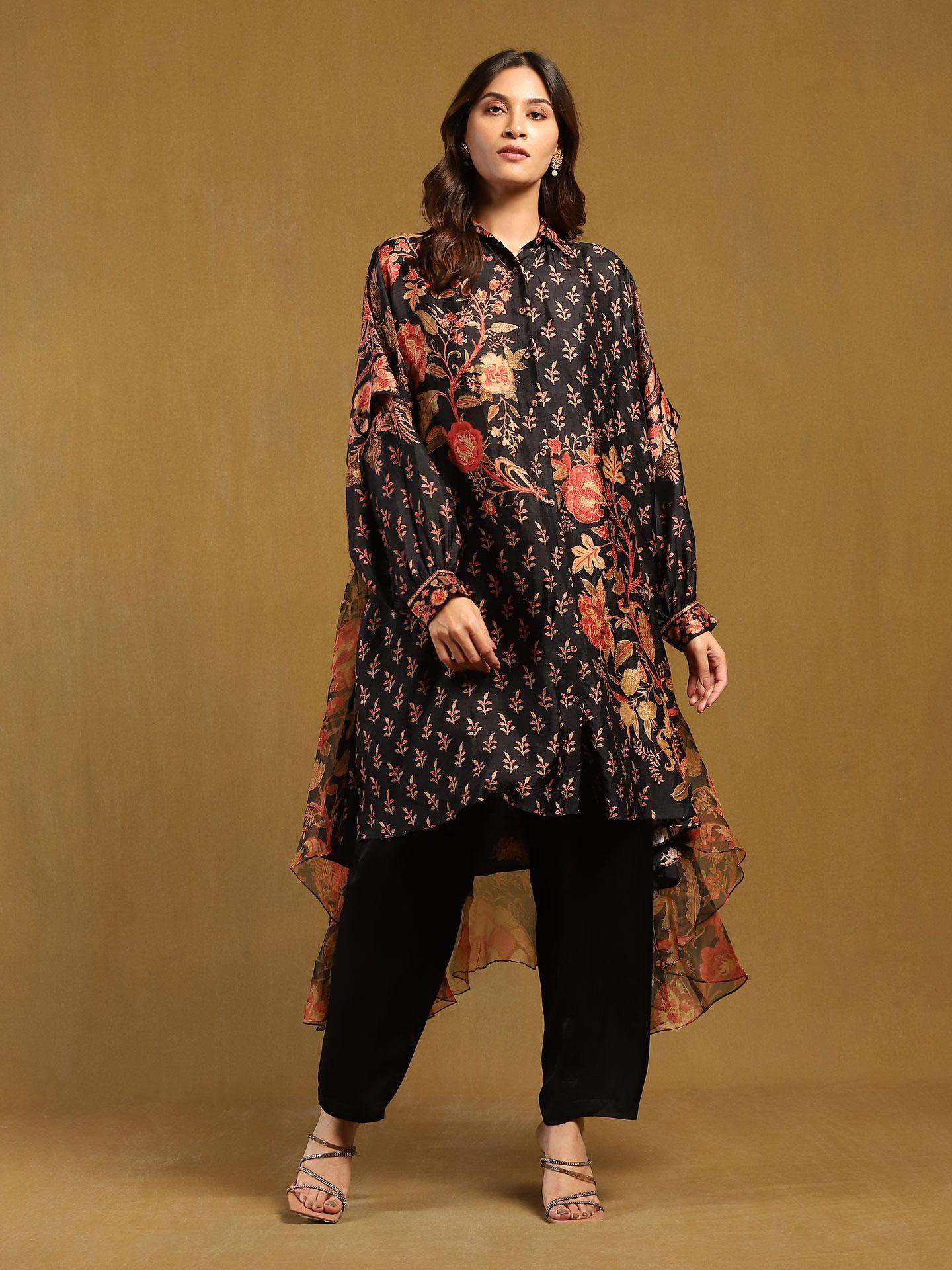 Black & Multi Tree Of Life Kurta