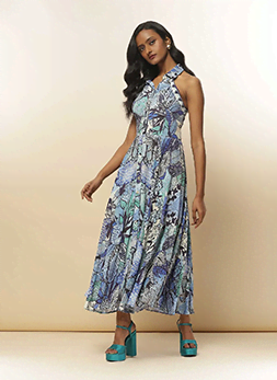 Blue Floral Print Halter Dress