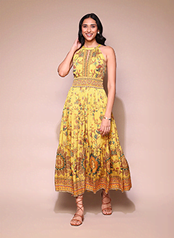 Yellow Floral Jacquard Dress