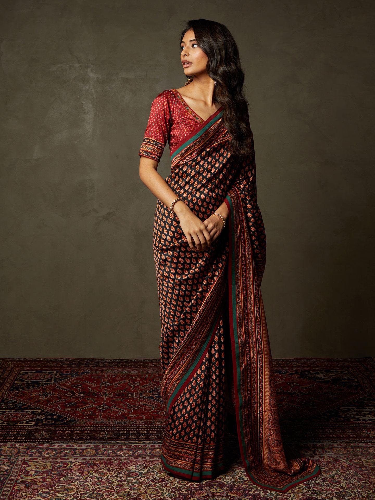 Black & Red Sanganeri Saree With Unstitched Blouse