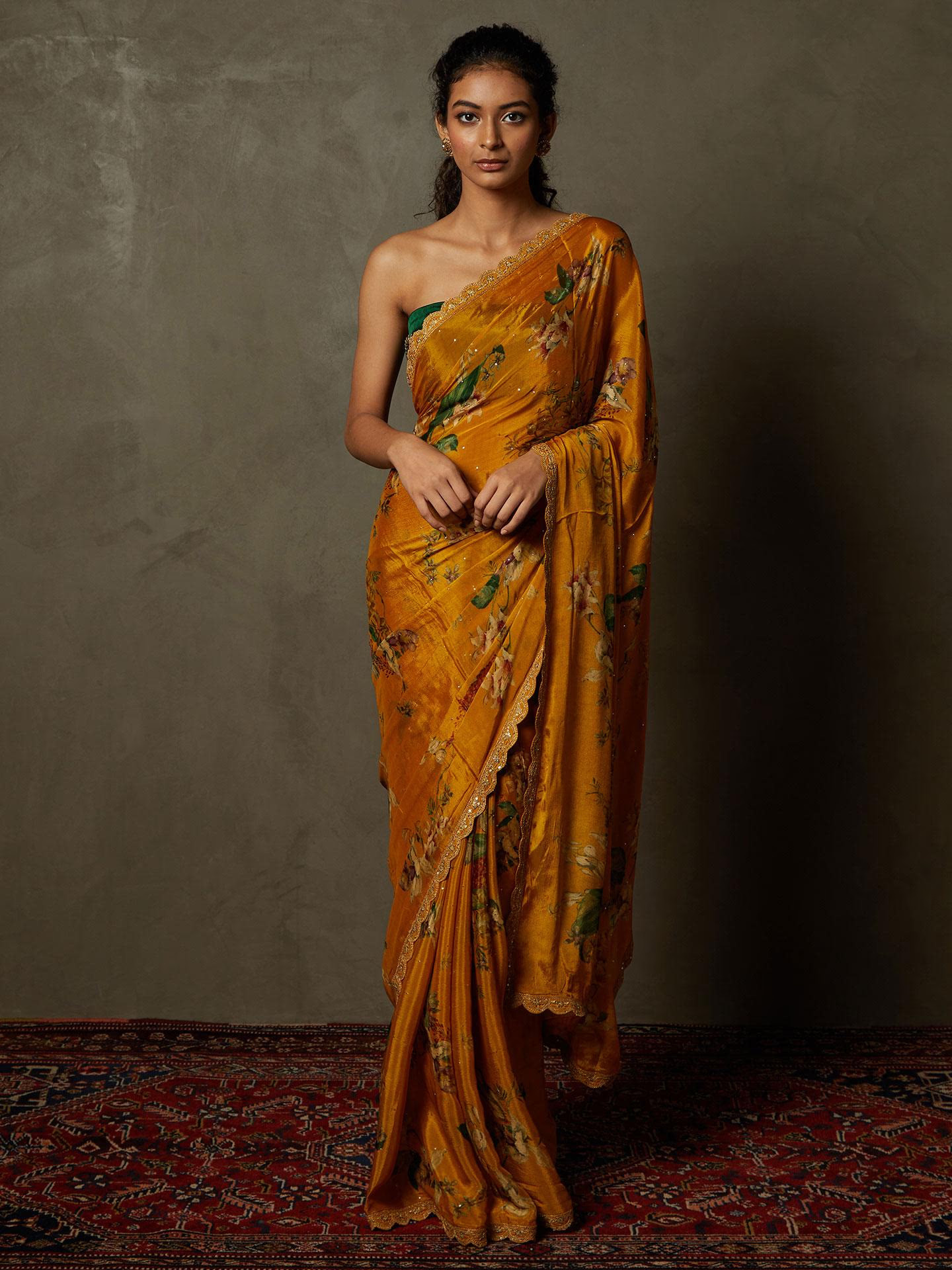 Mustard & Emerald Water Lily Saree With Unstitched Blouse