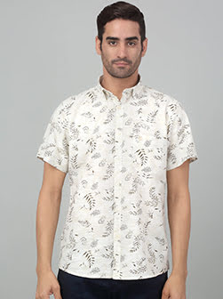 Men's Cream Printed Half Sleeves Casual Shirt