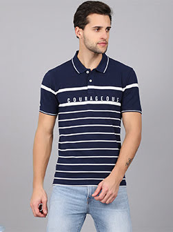 Men's Half sleeves Blue Polo Stripe T-Shirt