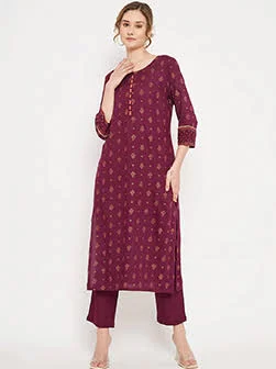 Women Wine Kurta Palazzo Set