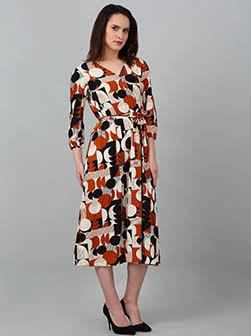 Women Brown V-Neck Printed Dress