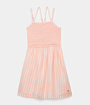 Girls Pink Solid+Yarn Dyed Striped Square Neck Dress