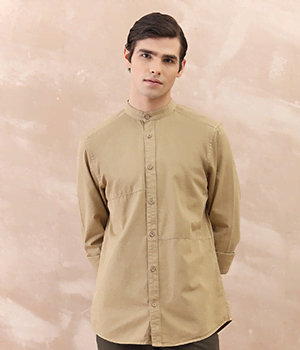 Men Beige Washed Band Collar Shirt