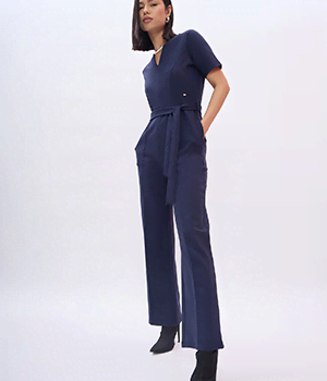 Women Blue Solid Round Neck Jumpsuit