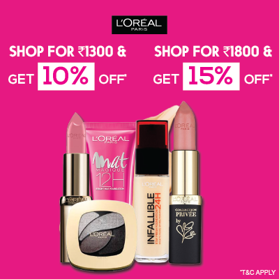 L'oreal- Get Glammed This Party Season With This Crazhy Discount On L'oreal Must-haves-'shop For Rs.1300 & Get 10% Off, Shop For Rs.1800 & Get 15% Off'